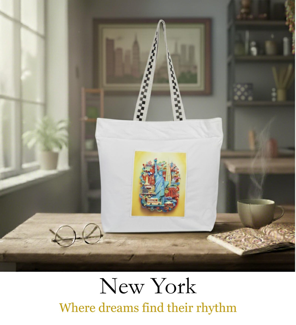 WOTM On The Move Tote | Premium Printed Cotton Canvas Tote Bag with Zipper & Inside Pocket, Stylish Everyday Travel Bag for Work, College, Office, Travel, Shopping (Newyork)