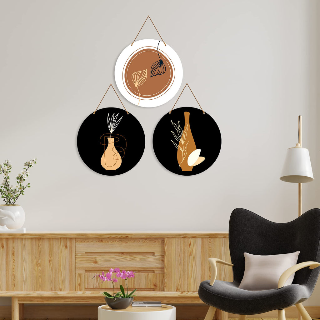 Artvibes Contemporary Abstract Line Art Round Wooden Wall Hanger for Home Decor | Modern Wall Art Paintings | Wall Poster | Handcrafted Art | Artworks Hangings | Ideal Gifts (WH_4208N), Set of 3
