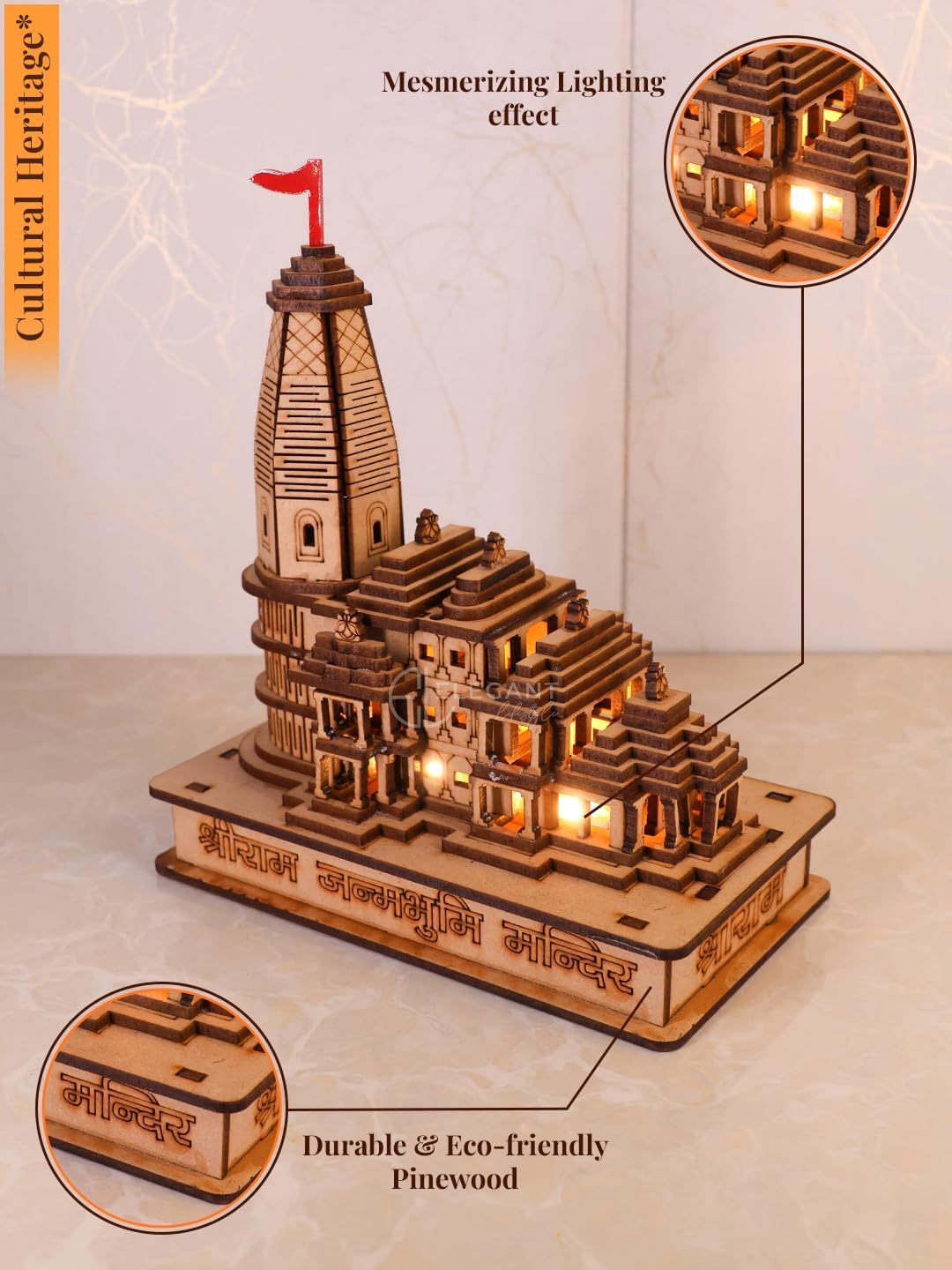 Ram Mandir Ayodhya Model - Perfect DESIGN for Devotees | Ram Mandir Wood - Diwali Decoration Items for Home Decore | Car Dashboard Accessories | Spiritual Gifts LED LIGHT(6*4 INCH) (Traditional)