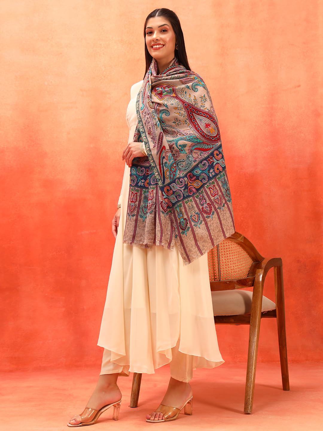 Pashmoda Women Sahtaar 100% Pure Wool Fabric Kalamkari Embroidered Stole, Shawl and Wrap, Sustainable and Natural Fabric, Heritage Kashmiri Pashmina (Size 28x80 Inches) Beige Colour KAST01