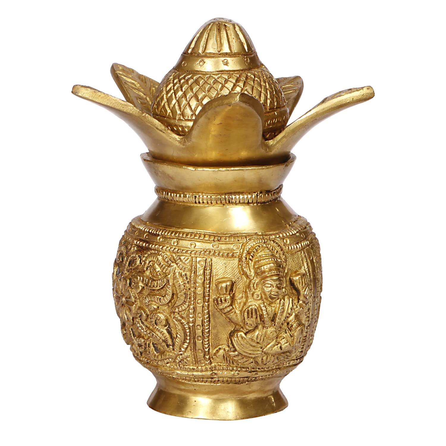 ARTVARKO Brass Laxmi Ganesha Carving Mangal Kalash with Coconut & Leafs for Gift Pooja Temple and Home Decorative Items Size 7 Inches