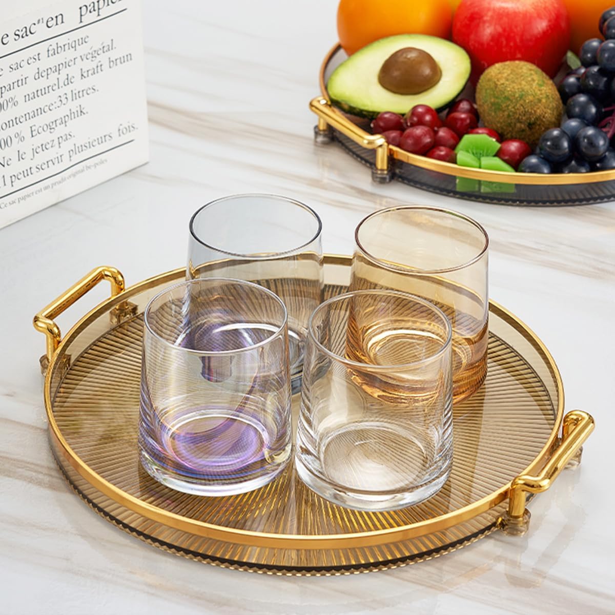 Deoxys Serving Tray with Golden Handles, Acrylic Decorative Tray, Round Coffee Table Tray, Contemporary Decorative Table Tray, for Home, Restaurant, Table, Bar Drinks, Breakfast, Fruit