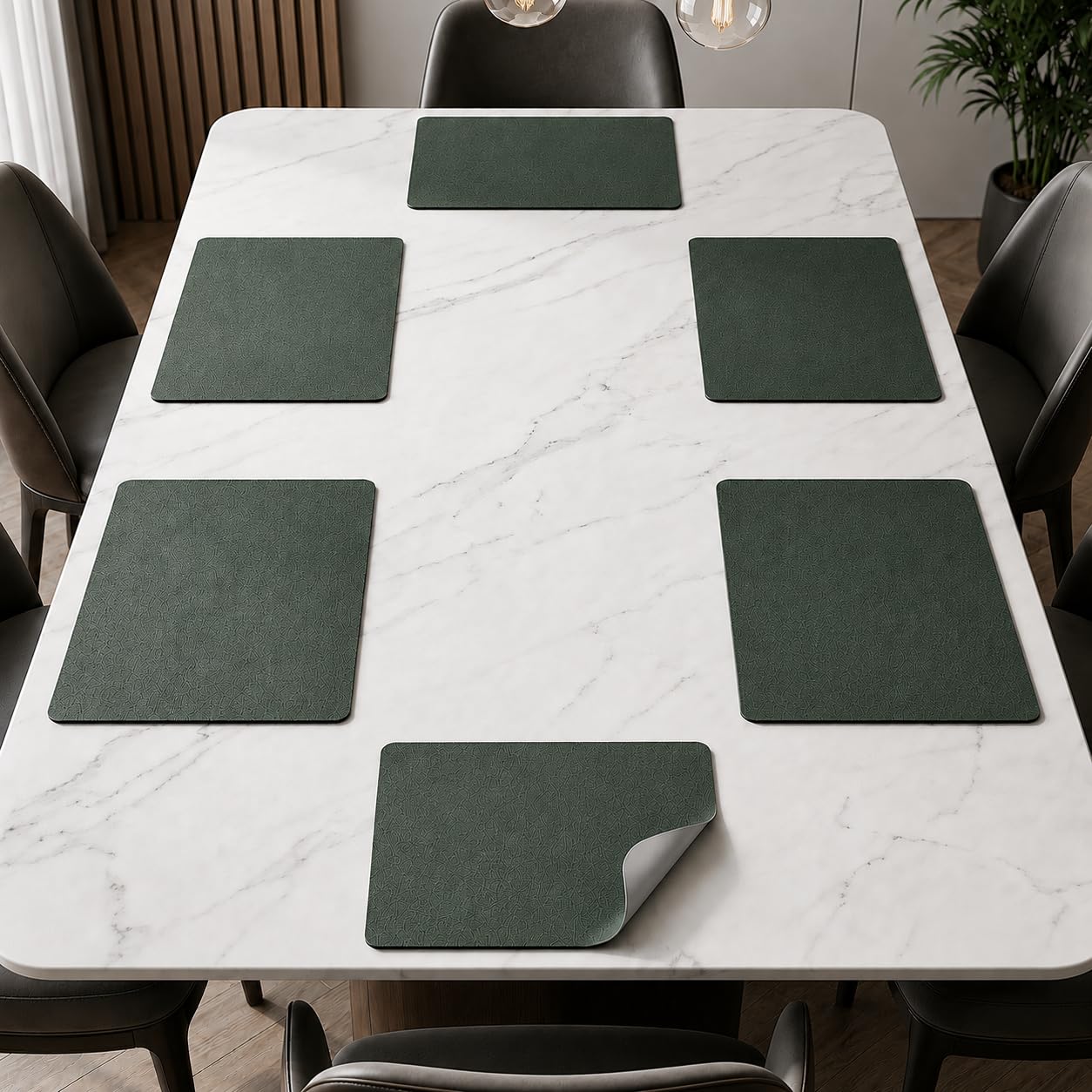 The Table Tales Premium Double-Sided PU Leather Placemat Set of 6 | Reversible Waterproof Heat Resistant Table Mats | Kitchen Dining Accessories | 45 x 30 cm (Dark Green & Grey) Kafalo