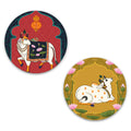 Artvibes Sacred Cow Pichwai Art Round Shape MDF Wooden Wall Decor Items | Living Room | Handcrafted Art | Wall Poster | Aesthetic Wooden Decor | Art Print | Unique Gift Items (WH_8802N), Set of 2
