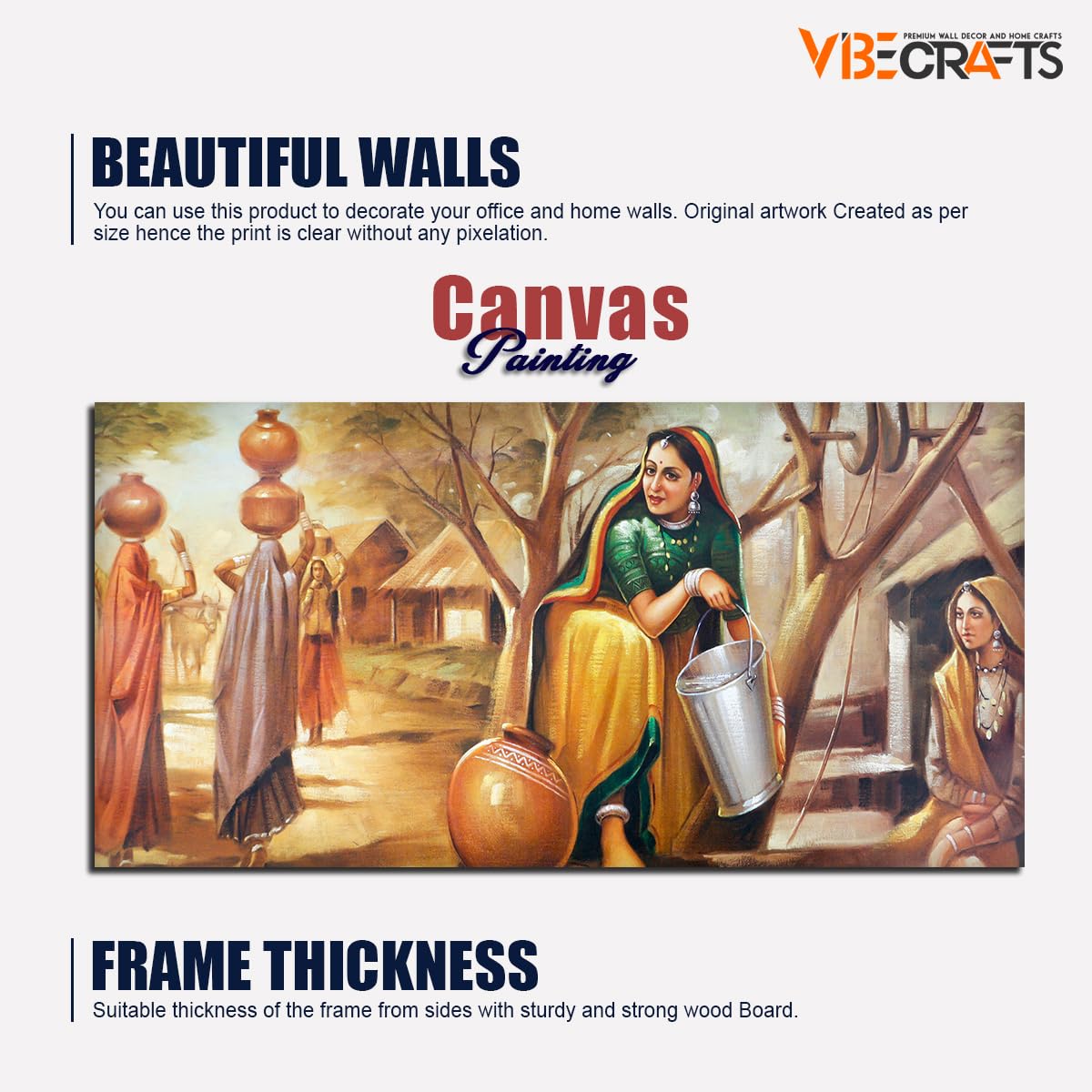 VIBECRAFTS Canvas Paintings for Living Room Drawing Room Canvas Rajasthani Art Woman Taking water from Well for Home|Office|Gift(PTVCH_2400NV)(48 x 24 Inches)
