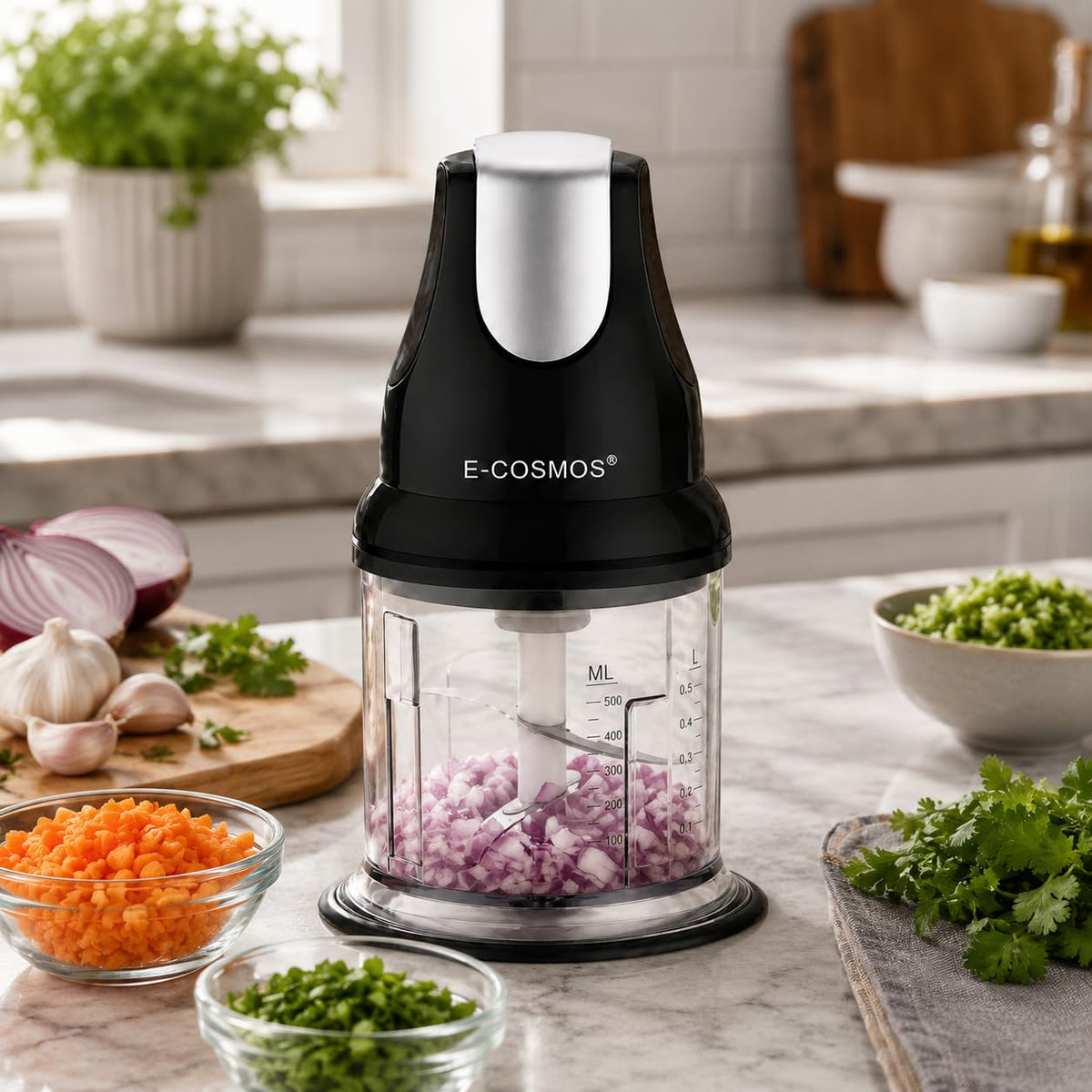 E-COSMOS® Ultra Fast 250 Watts Electric Chopper – Twin Blade Vegetable Cutter & Mincer – 500ml Plastic Bowl with Storage Lid – Durable 100% Copper Motor – Multi-Purpose Whisk & Blend (Black)