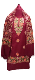 latest Womens pure woolen kashmiri embroidered salwar kameez suit with heavy embroidery on shawl,winter wear,woollen kurta pant set dress material(UNSTITCHED FABRIC) by pure Pashmina wooltex.MAROON2