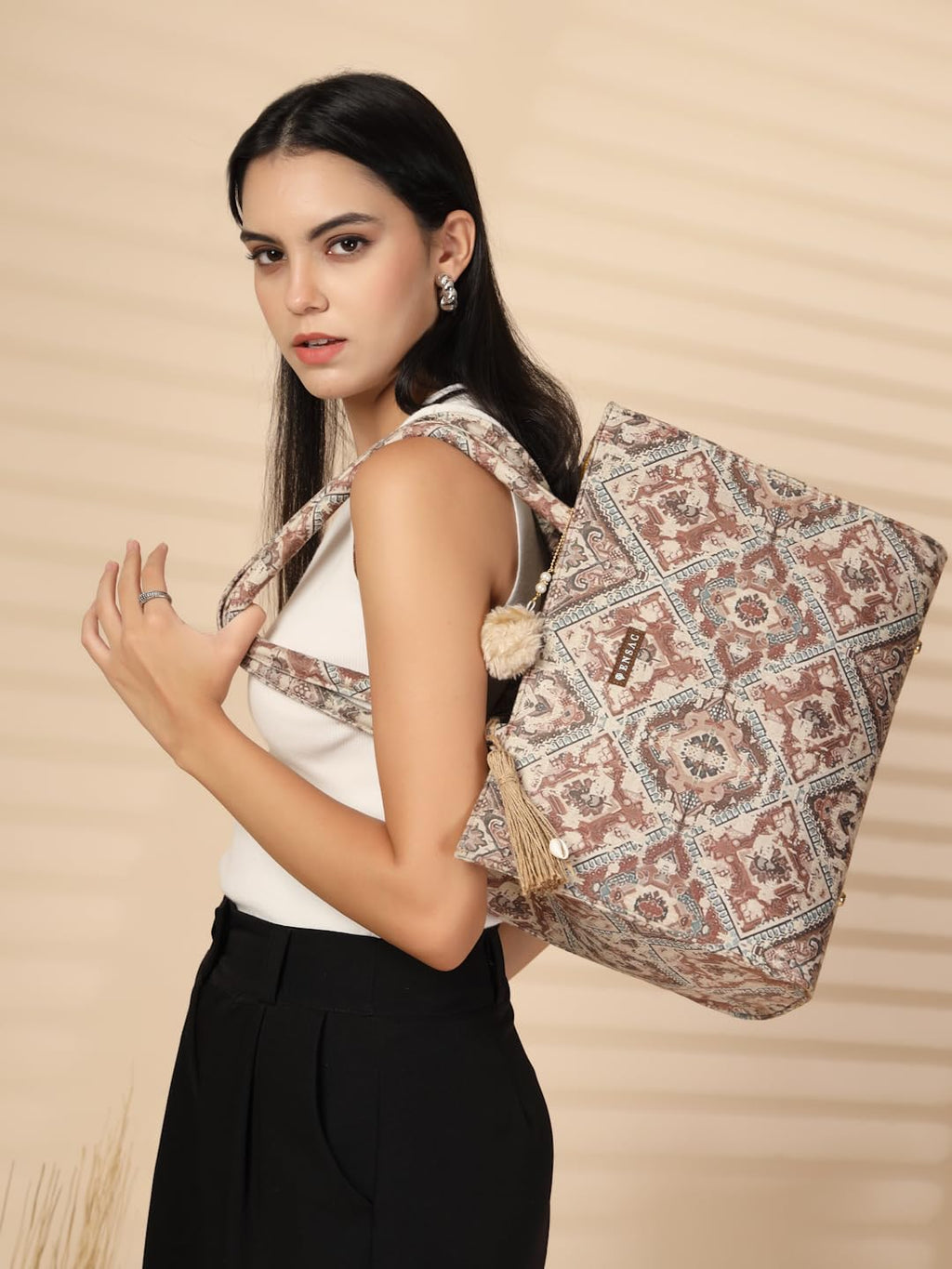 ENSAC Ethnic Print Tote Bag With Zip For Women & Girls | Lightweight Canvas Shoulder Bag, Stylish Designer Handbag, Ethnic Design, Perfect for Office, College & Shopping Use