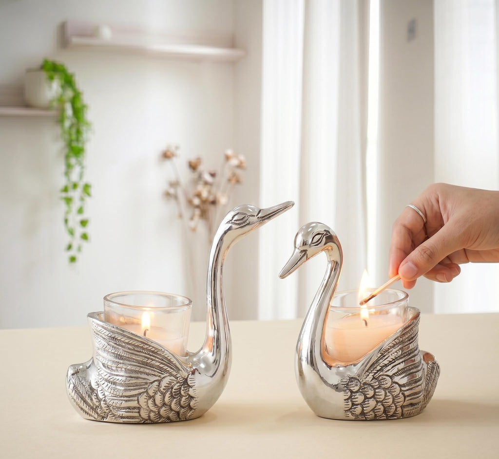 KridayKraft Aluminium Pair of Swans for Good Luck and Love | Candle Holder for Home Decor Tabletop | Showpiece for Gifting Anniversary Valentine's Day (Votive Candle Holders)