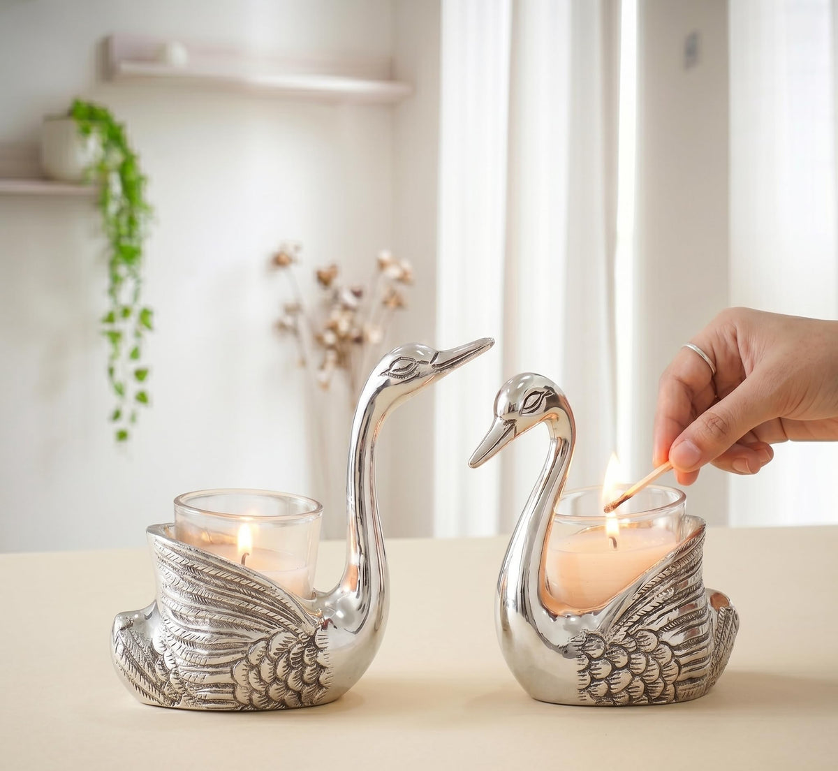 KridayKraft Aluminium Pair of Swans for Good Luck and Love | Candle Holder for Home Decor Tabletop | Showpiece for Gifting Anniversary Valentine's Day (Votive Candle Holders)