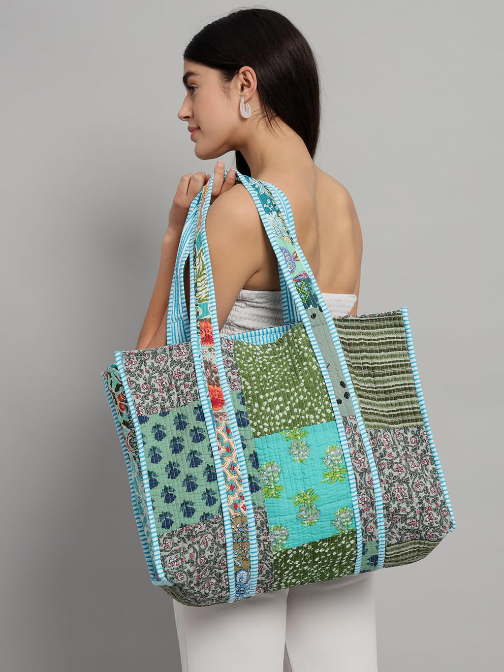 Ravaiyaa - Attitude is everything Patchwork Quilted Tote Bag Women Reversible Shoulder Bag Cotton Carry Bag Multipurpose Tote Bags (Turquoise)