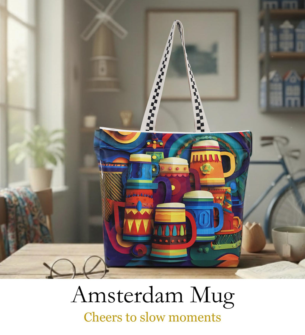 WOTM On The Move Tote | Premium Printed Cotton Canvas Tote Bag with Zipper & Inside Pocket, Stylish Everyday Travel Bag for Work, College, Office, Travel, Shopping (Amsterdam Mug)