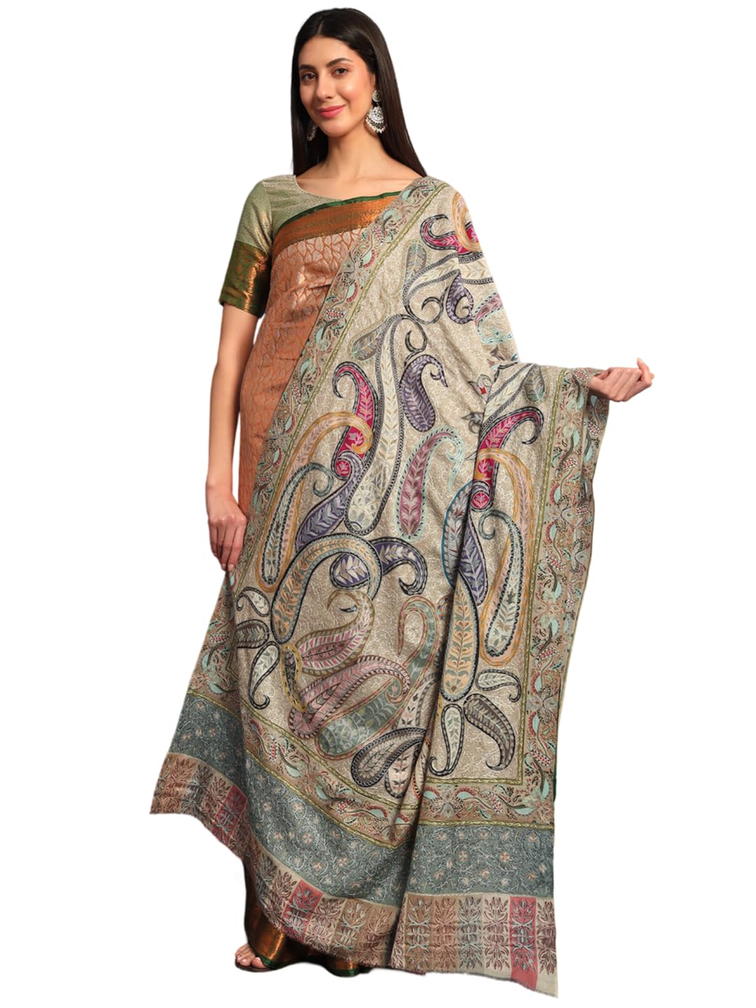 Pashmoda Women Fiza Fine Wool Fabric Pashmina Kalamkari Embroidered Shawl, Stole and Wrap, Sustainable and Natural Fabric, Heritage Kashmiri Pashmina(Size 45x90)