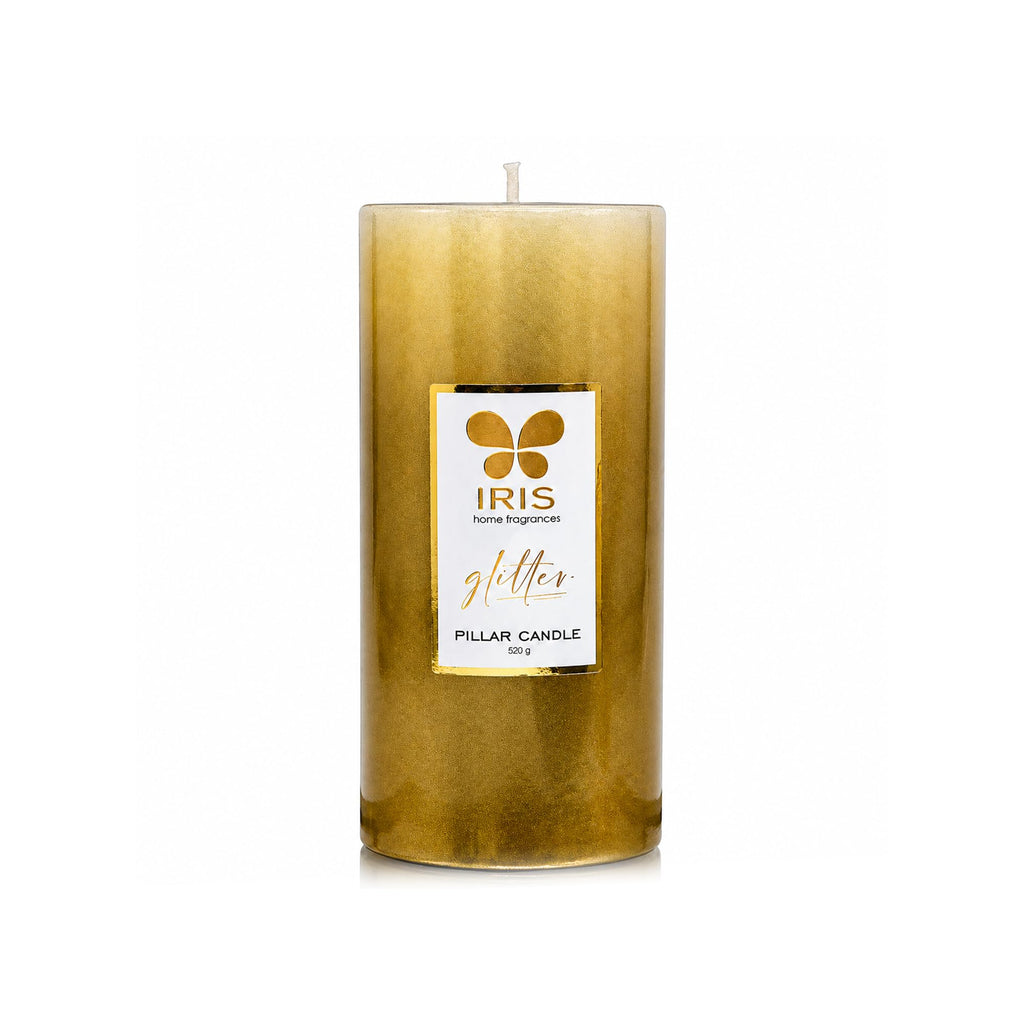 IRIS Gold Lacquered Unscented Pillar Candle | 7.1 x 15.2 cm | Long-Lasting 80-Hour Burn | Ideal for Decor, Celebrations & Gifting (Pack of 1)