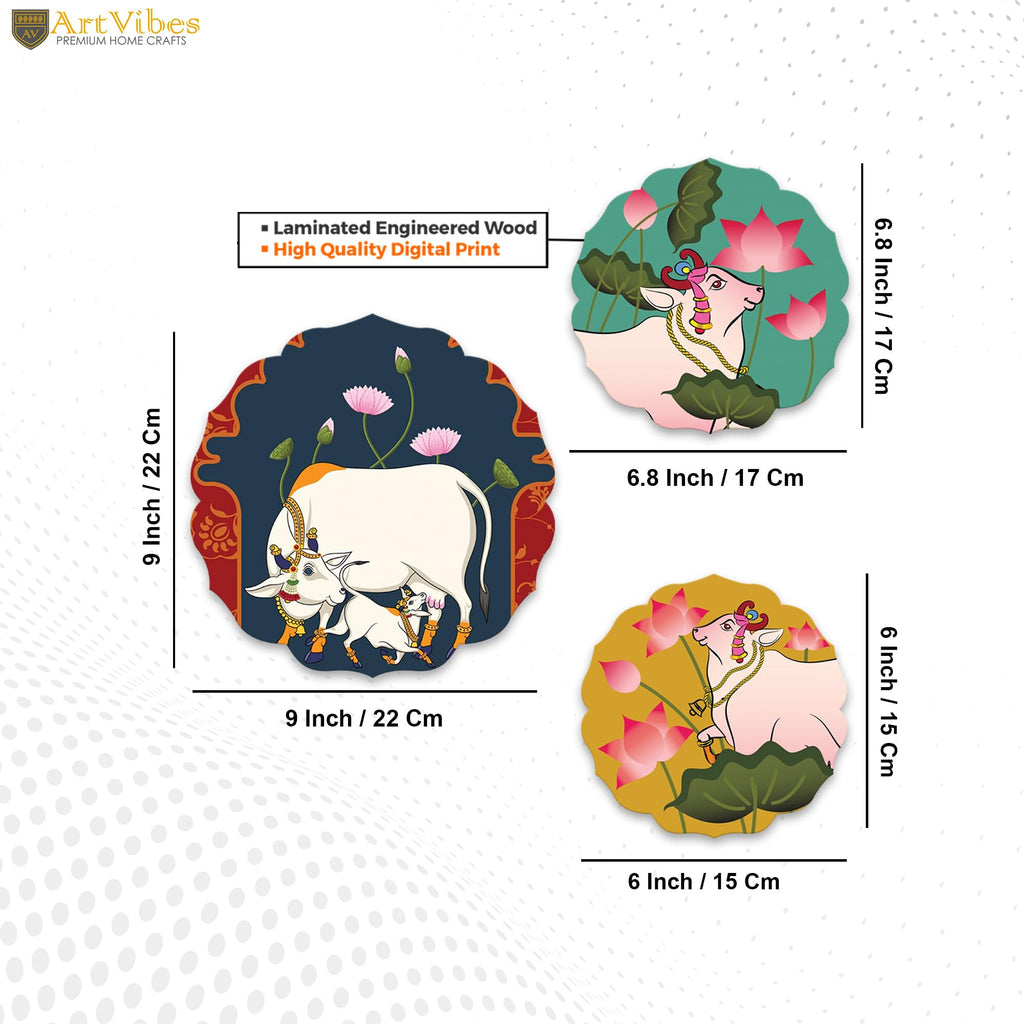 Artvibes Sacred Cow Pichwai Art Round Shape MDF Wooden Wall Decor Items | Living Room | Handcrafted Art | Wall Poster | Aesthetic Wooden Decor | Art Print | Unique Gift Items (WH_8814N), Set of 3