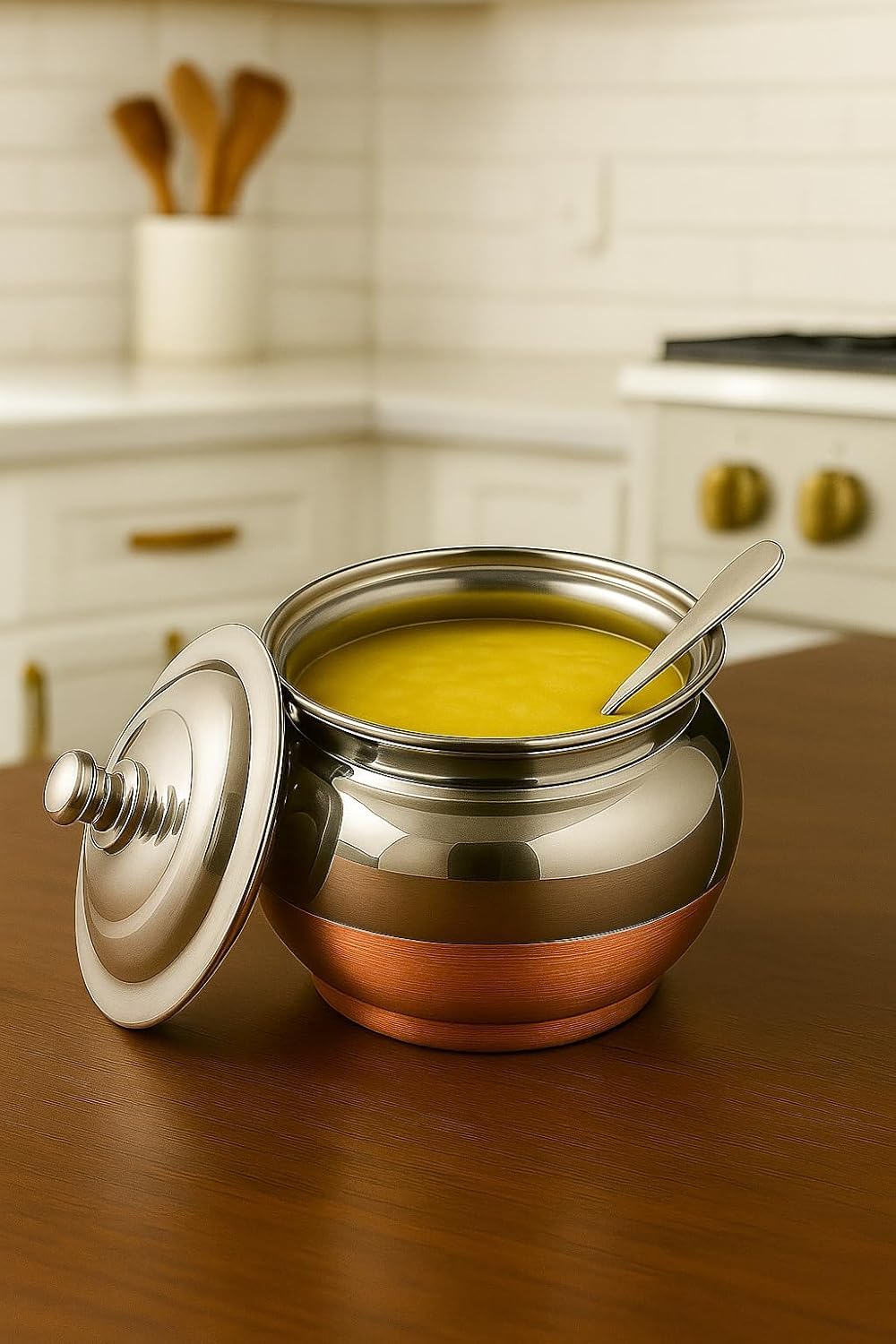 Velmora Steel Ghee Pot with Spoon | Oil & Ghee Container Set | Ghee Storage Container with Lid | Copper Bottom - 400 ml – Set of 2