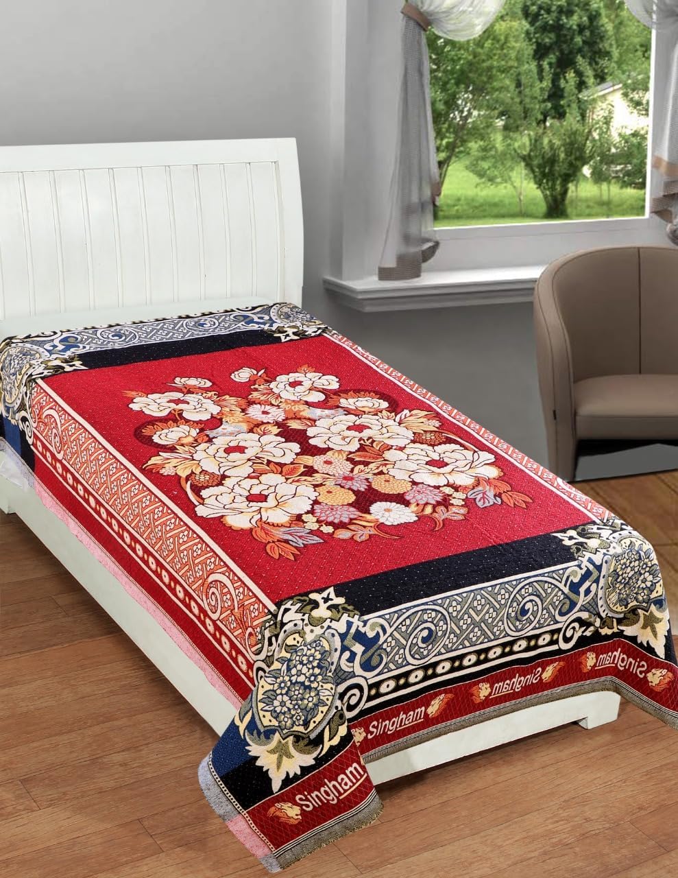 RVS DECOR Solapur Chaddar Single Bedsheet | Premium Floral 300 TC Cotton Chaddar | Soft, Durable,Elegant & Long-Lasting Comfort Size (90 x 60) (Singham) Kafalo