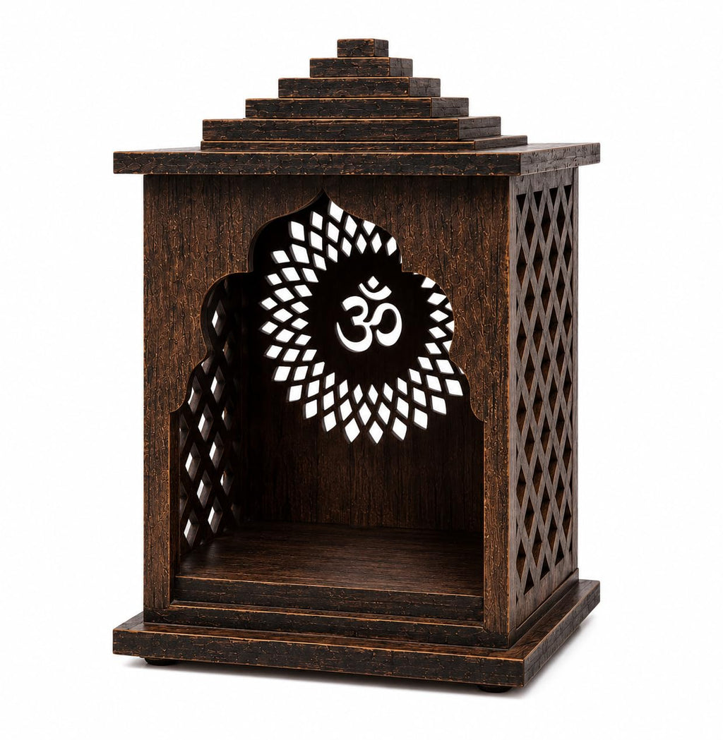 Shivay Anantam Wooden Pooja Mandir for Home, Office & Car | Handcrafted MDF Temple with Om Design | Decorative Mini Mandir for God Idol | Dark Brown Finish | Size H12 X W9 X D7 CM