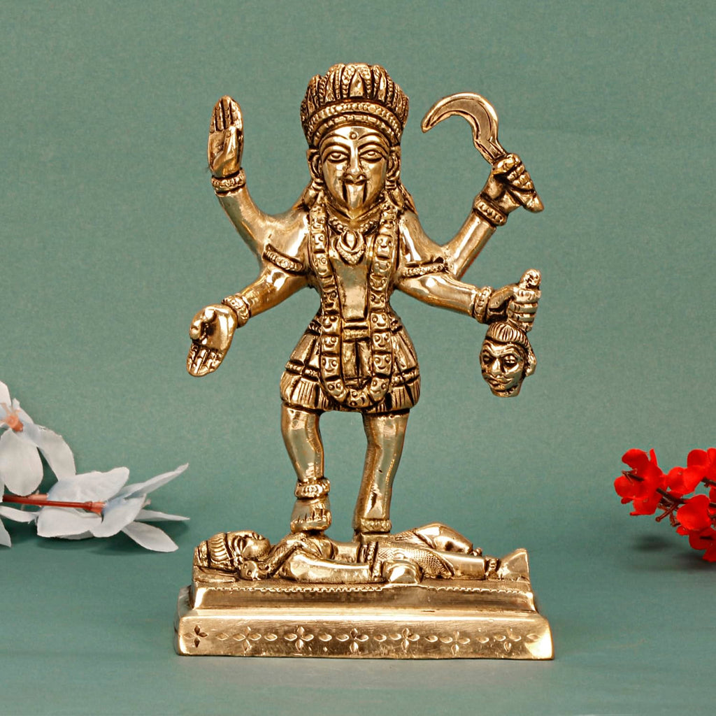 ARTVARKO Brass Kali MATA Murti Maha Kaali with Shiva Idol Adi Shakti Ma Mahakali Kalika Maa Statue 6 Inch Gold Color