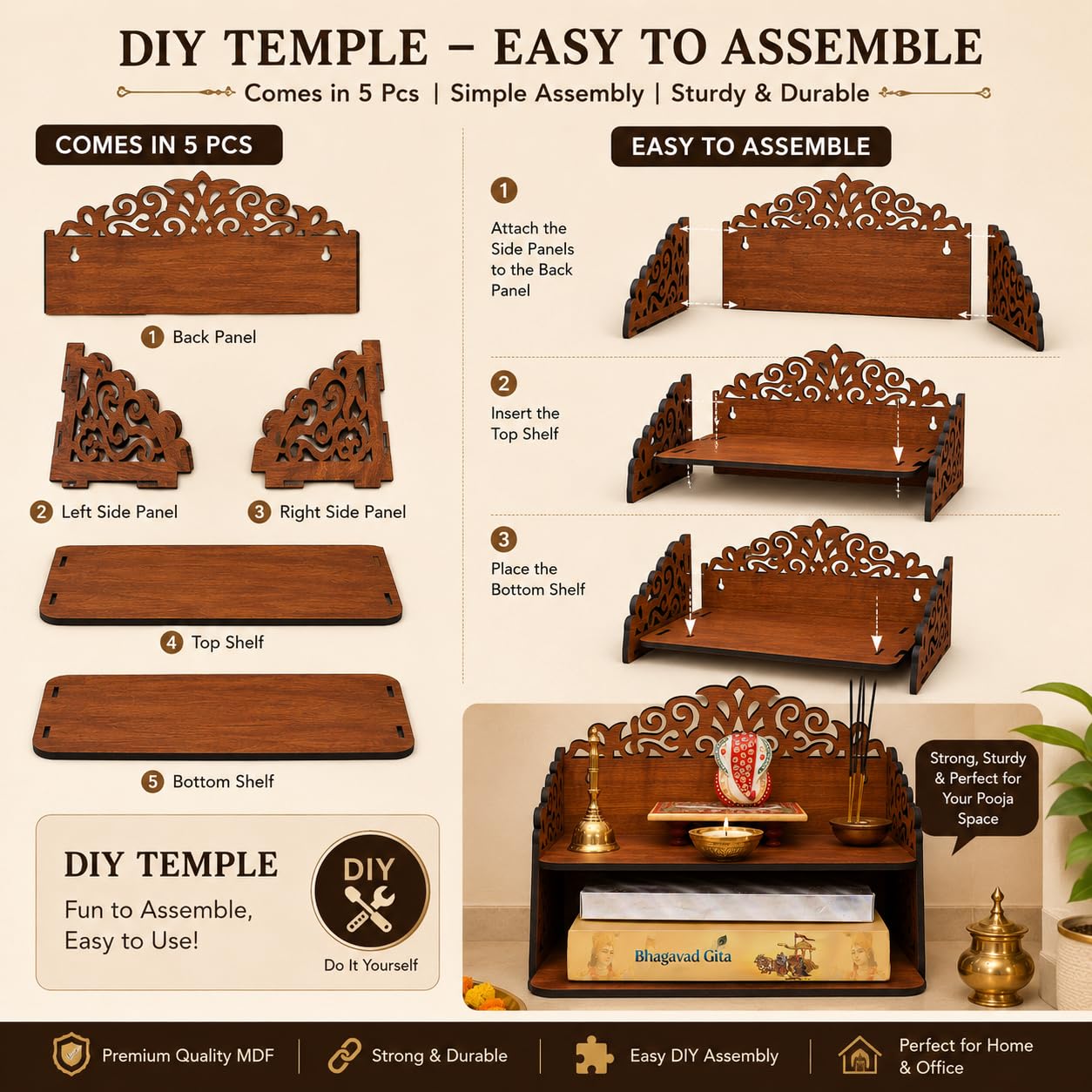 Fliptic Wooden Home Temple for Puja | Temple for Home and Office l Puja Mandir l Wooden Mandir l Compact Pooja Ghar Stand for Prayer Room, Living Room Decor