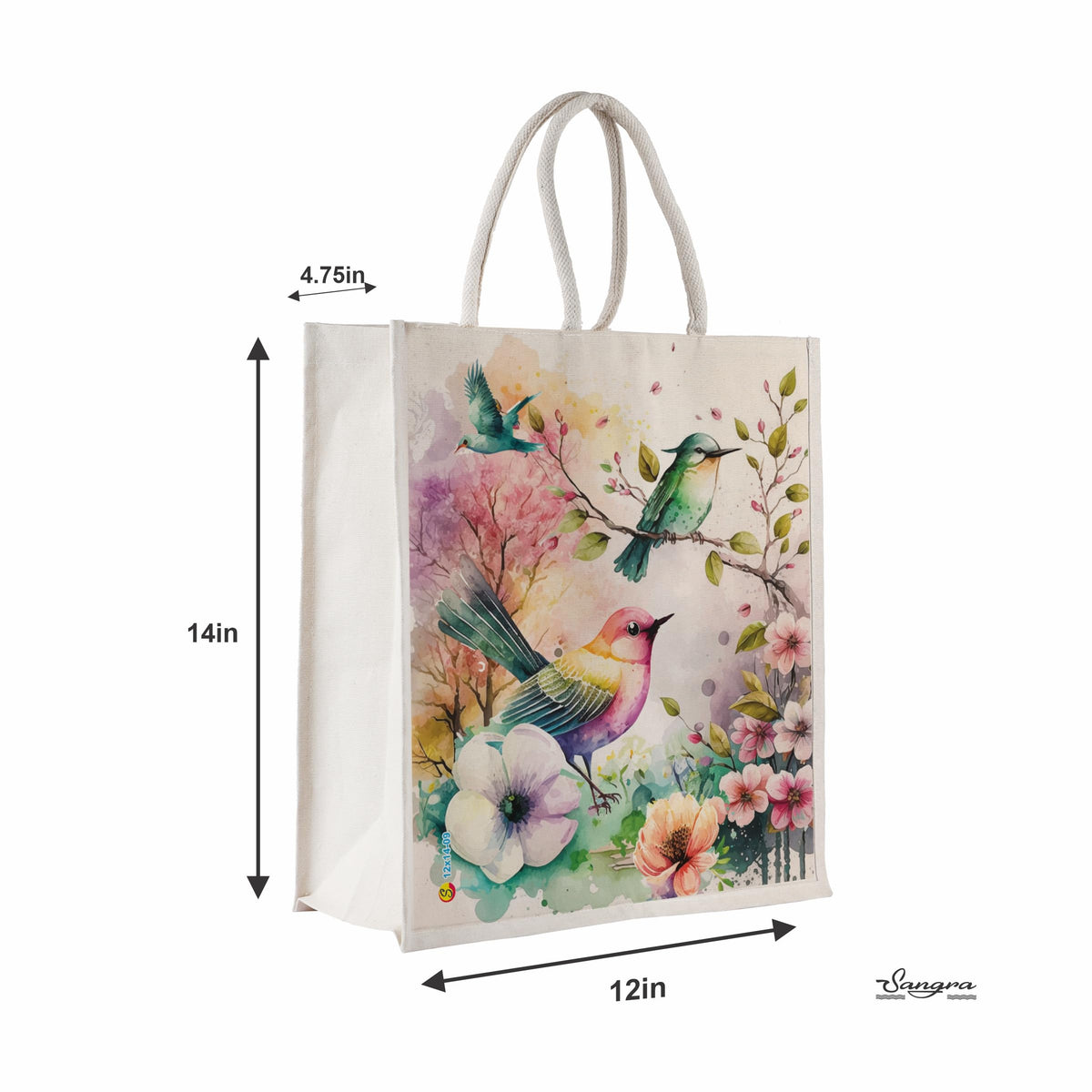 Sangra Canvas Reusable Bags for School, College, Lunch Bag for Office for Men and Women, Grocery Shopping Bag, Multi-Purpose Bag, Sturdy Handle With Zipper Lock (Pack of Two) (Painted Birds)