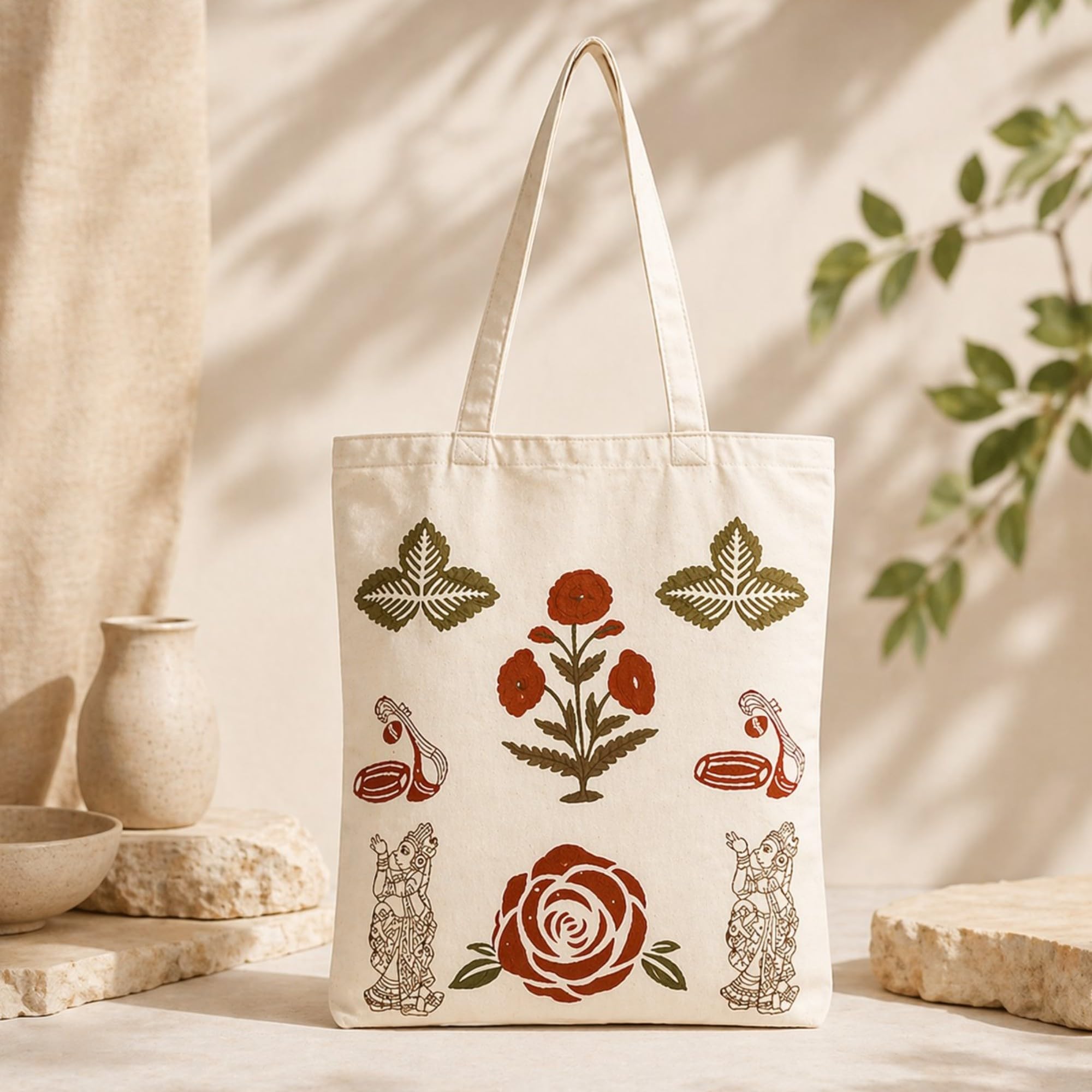 Neelkanth Imprint Hand Printed Floral Cotton Tote Bag, Eco Friendly Canvas Shoulder Handbag for Shopping, Office & Daily Use