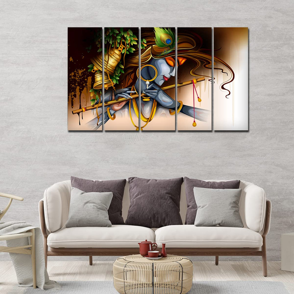 VIBECRAFTS Krishna Playing Bansuri 5 Pieces Canvas Wall Painting For Home | Office | Living Room | Gift (PTVC5Pcs4_8505)