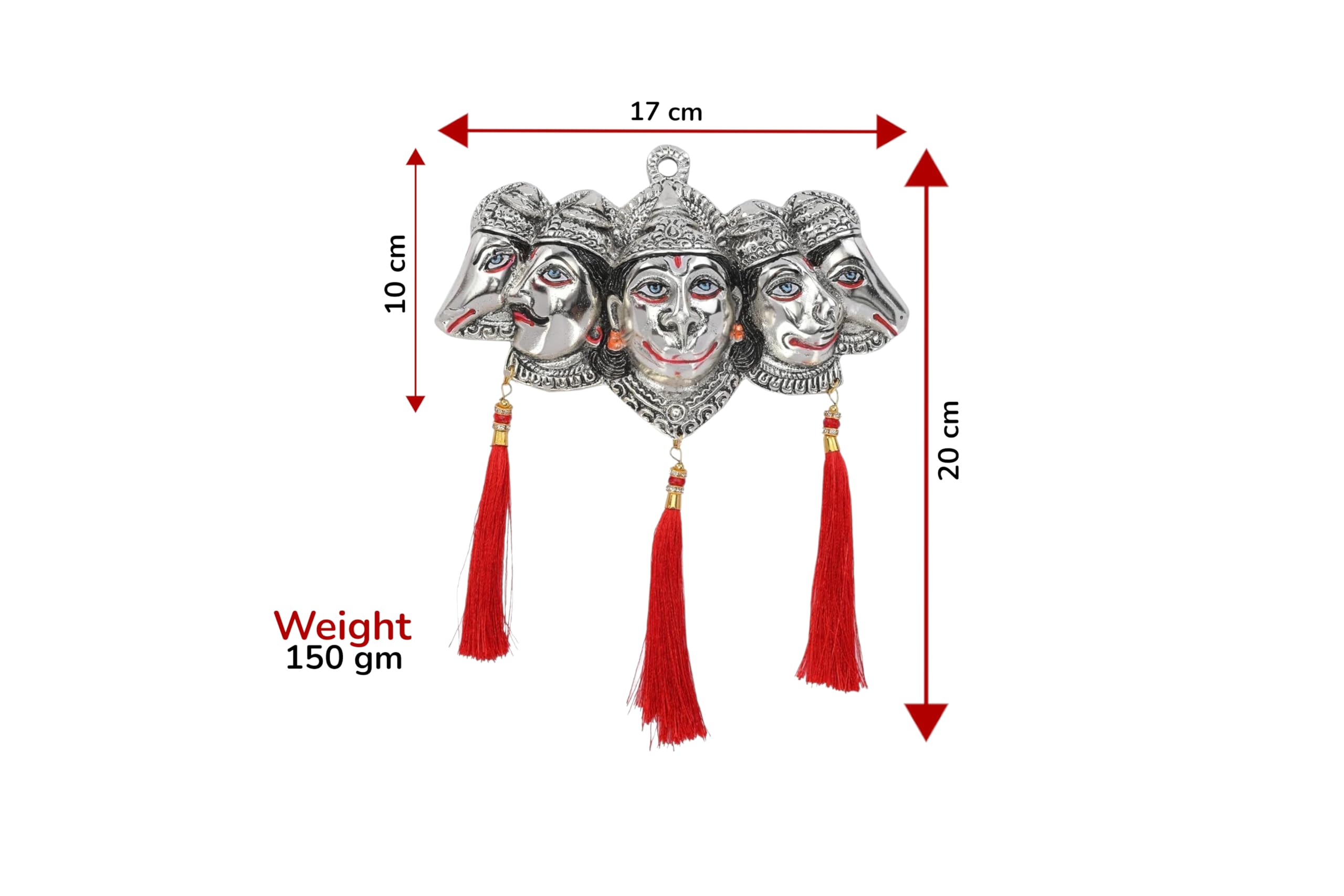 KridayKraft Metal Panchmukhi Hanuman Ji Murti for Door Entrance Statue Wall Hanging Showpiece with Silk Latakan in Gold Finish (Silver)