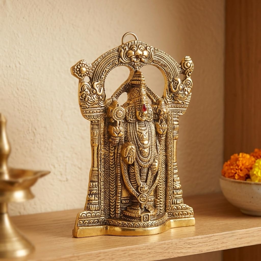 KridayKraft Tirupati Balaji Idol, Decorative Aluminium Gold Finish Lord Venkateswara Statue for Office, Home Temple, 24 x 17 cm