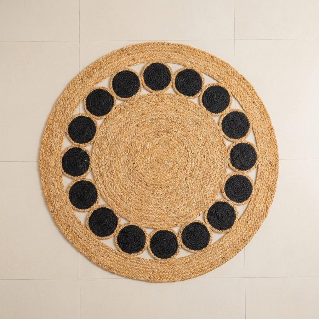 ATRANGI STUDIO Round Jute Rug | Handwoven Braided Design Mat | Circular Floor Rug for Living Room, Bedroom, Reading Corner | Boho Home Decor | 3x3 feet, Colourful