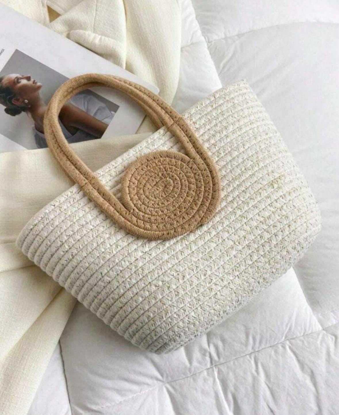 Handmade Crochet Tote Bag with Circular Handle, 25 cm x 15 cm (IVORY BEIGE)