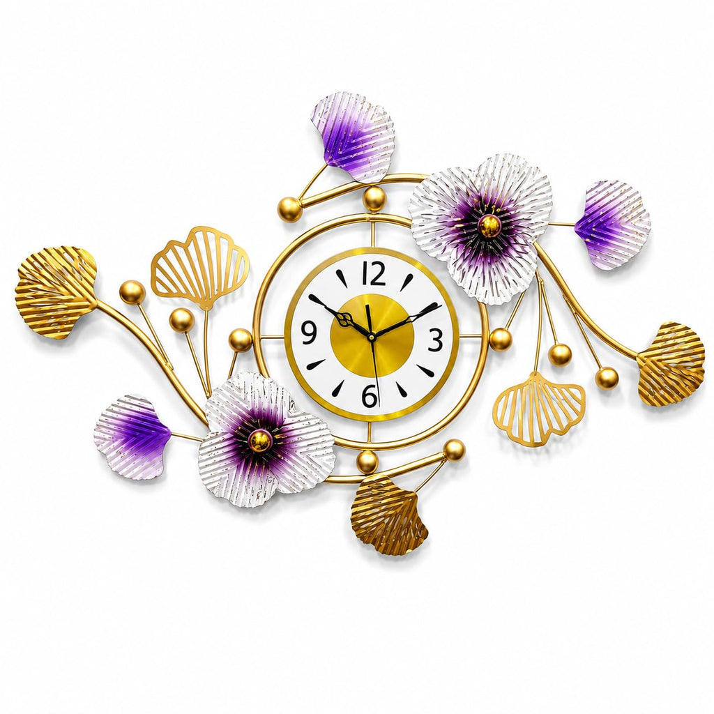 Mahira Artefacts Luxury Gold Metal Floral Wall Clock with Purple & White Flowers with White and Gold Dial | Modern Silent Decorative Wall Clock for Living Room, Bedroom, Dining Room, Hall & Office