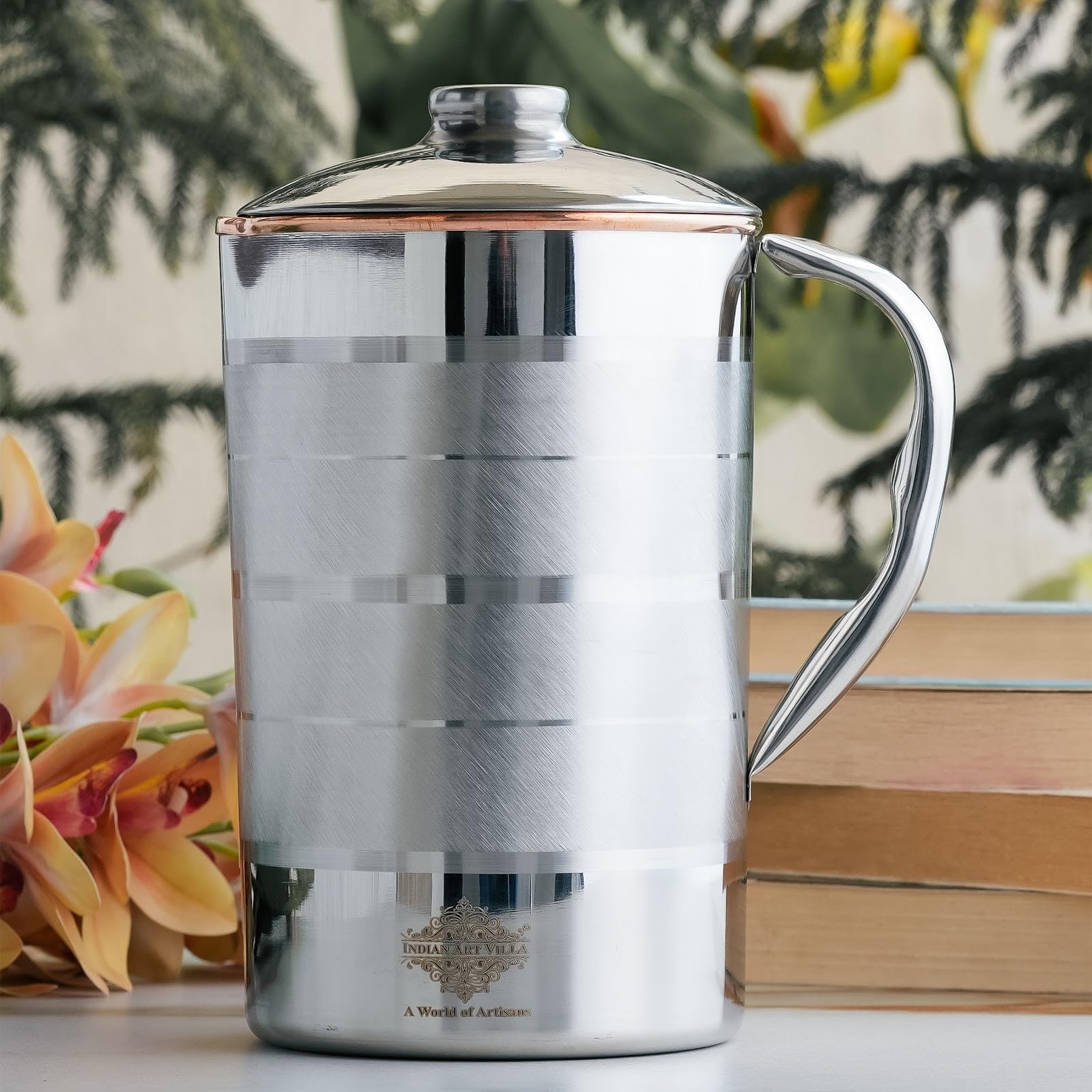Indian Art Villa Steel Copper Luxury Design Jug Pitcher with Lid, Storage & Serving Water, Beneficial for Health, Volume-2000 ML
