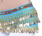 VRITRAZ Women's Velvet Belly Dance Hip Scarf Waistband Belt Colors Beads and Golded Coins (Blue, Pack of 3)