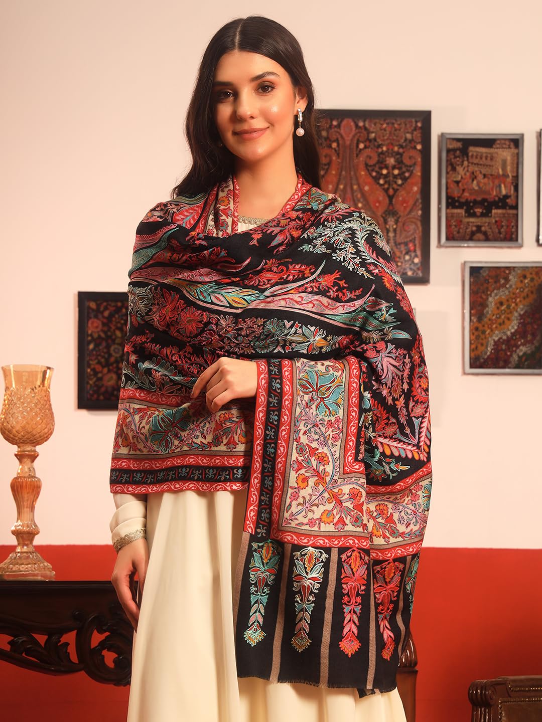 Pashmoda Women Rangkalam 100% Pure Wool Fabric Kalamkari Embroidered Shawl (Size: 40x80in, 101x203cm) KAS21