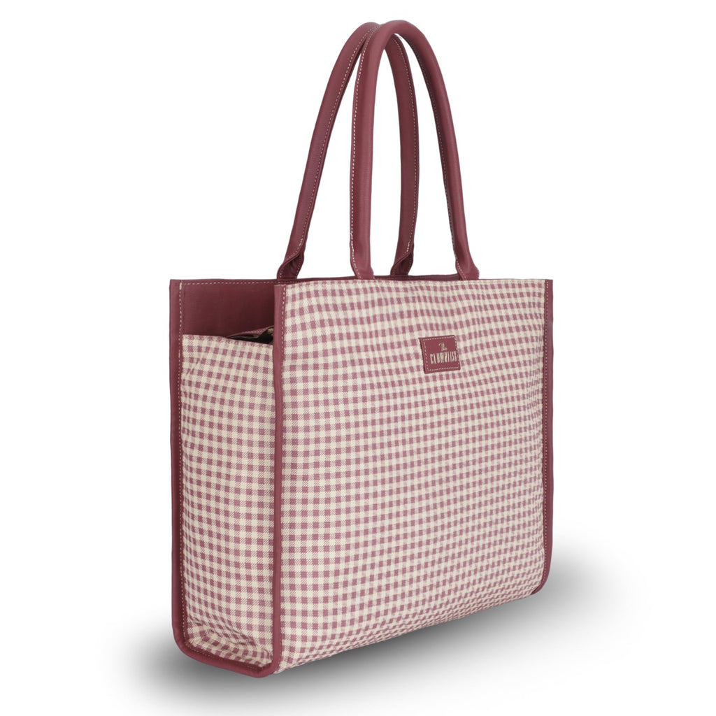 THE CLOWNFISH Moda Collection Multipurpose Faux Leather Handbag For Women 15.6 inch Laptop Bag Box Bag Tote Office Shoulder Bag for Ladies College Girls (Dark Pink Checks)
