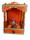 Wooden Home Temple Mandir with Drawer, Orange and White Border Pattern, Traditional Design