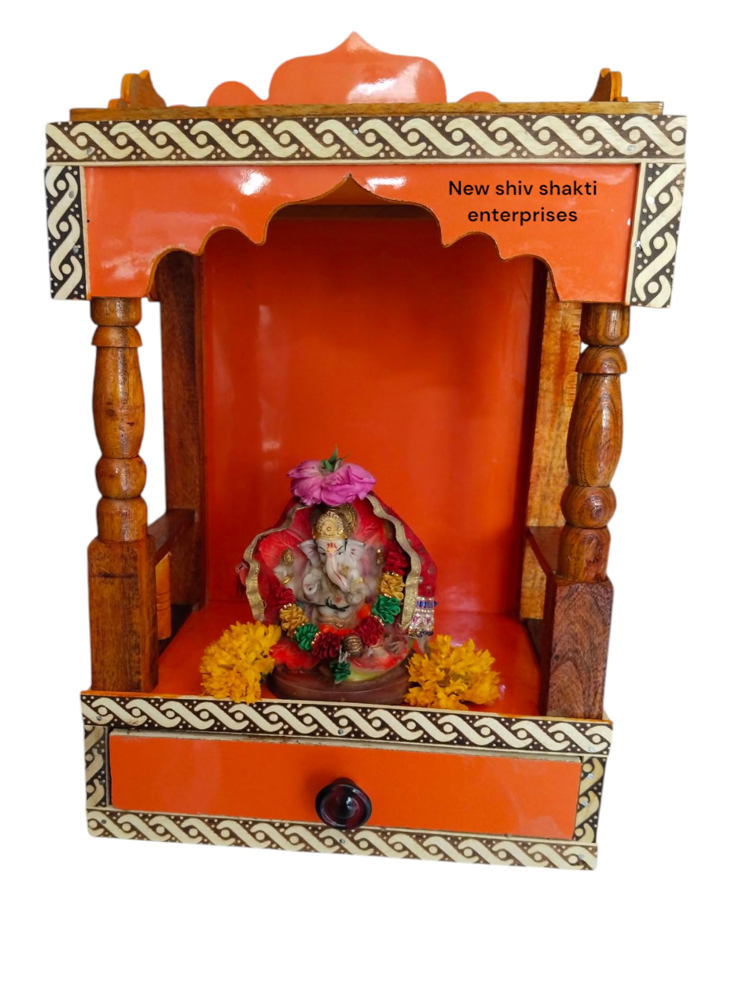 Wooden Home Temple Mandir with Drawer, Orange and White Border Pattern, Traditional Design