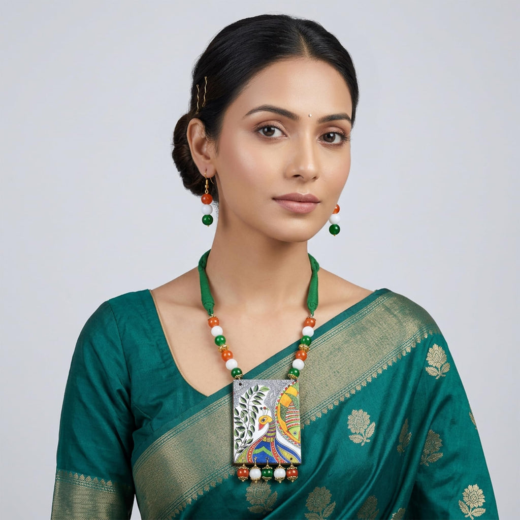 JFL - Jewellery for Less Stylish Tiranga/Tricolour/National Flag Necklace set with Peacock Pendant Handmade Fashion Jewellery for Independence Day/Republic Day Women & Girls