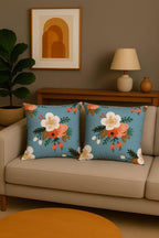 AMAZE ATTIRES Velvet Cushion Cover 18x18 Inch – Set of 2 Decorative Throw Pillow Covers for Sofa, Couch or Bed – Designer Printed Square Cushion Covers – Home Decor (Blue Floral)