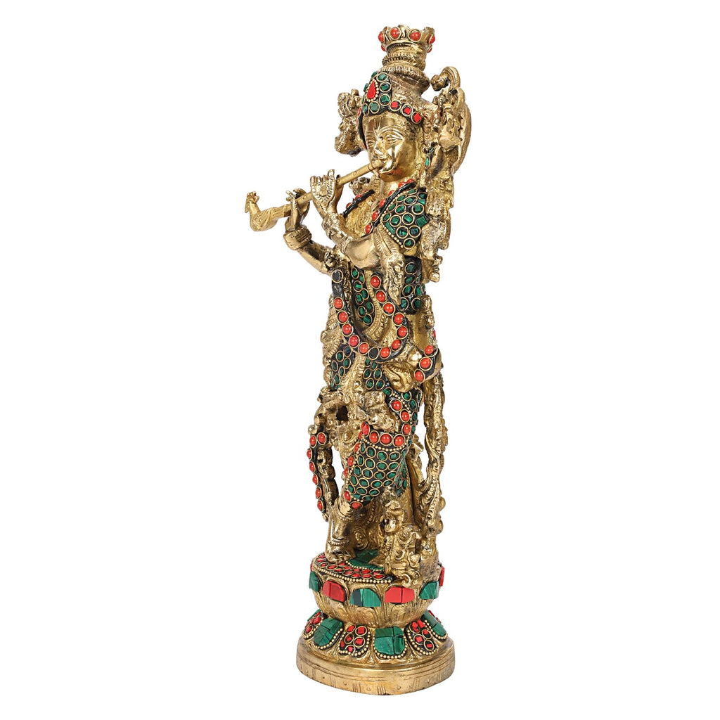 SVARUP Brass Big Size Standing Krishna Playing Flute Murti Decorative Showpiece for Home Office Table Deck Decor and Gift 14 Inch