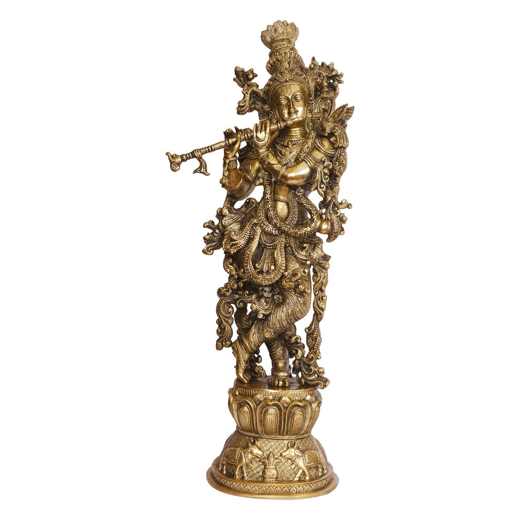 ARTVARKO Brass Krishna Bhagwan Murti Idol in Flute Playing Posture on Cow & Kalash Home Temple Decor Entrance Statue Height 29 Inch