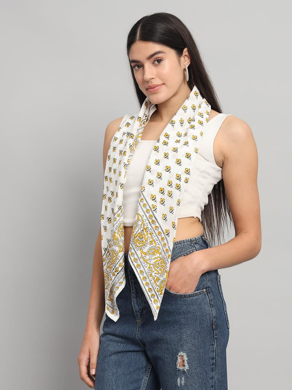 Ravaiyaa - Attitude is everything Sanganer Hand Block Printed Scarves Pure Cotton Scarf Square Hijab Dupatta 40 X 40 Inch (Yellow)
