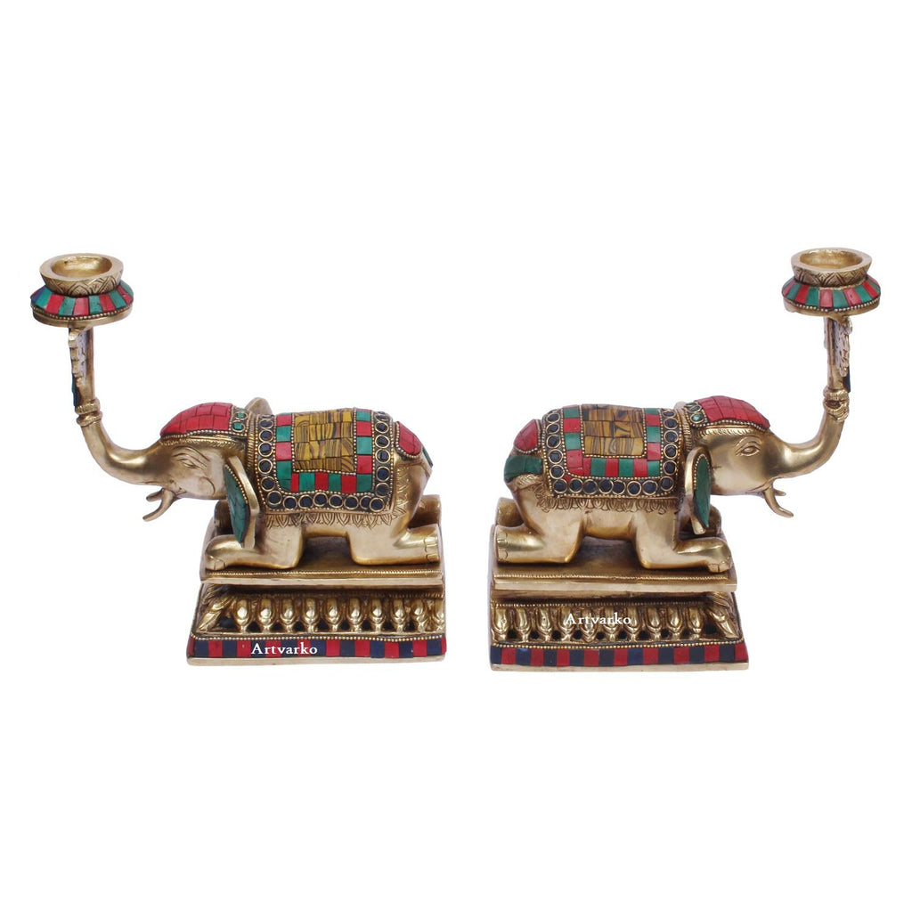 Artvarko Elephant Tealight Candle Holder Pair (2 Pcs) Brass Multicolor Gemstone Handwork Height 8 Inches
