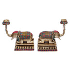Artvarko Elephant Tealight Candle Holder Pair (2 Pcs) Brass Multicolor Gemstone Handwork Height 8 Inches