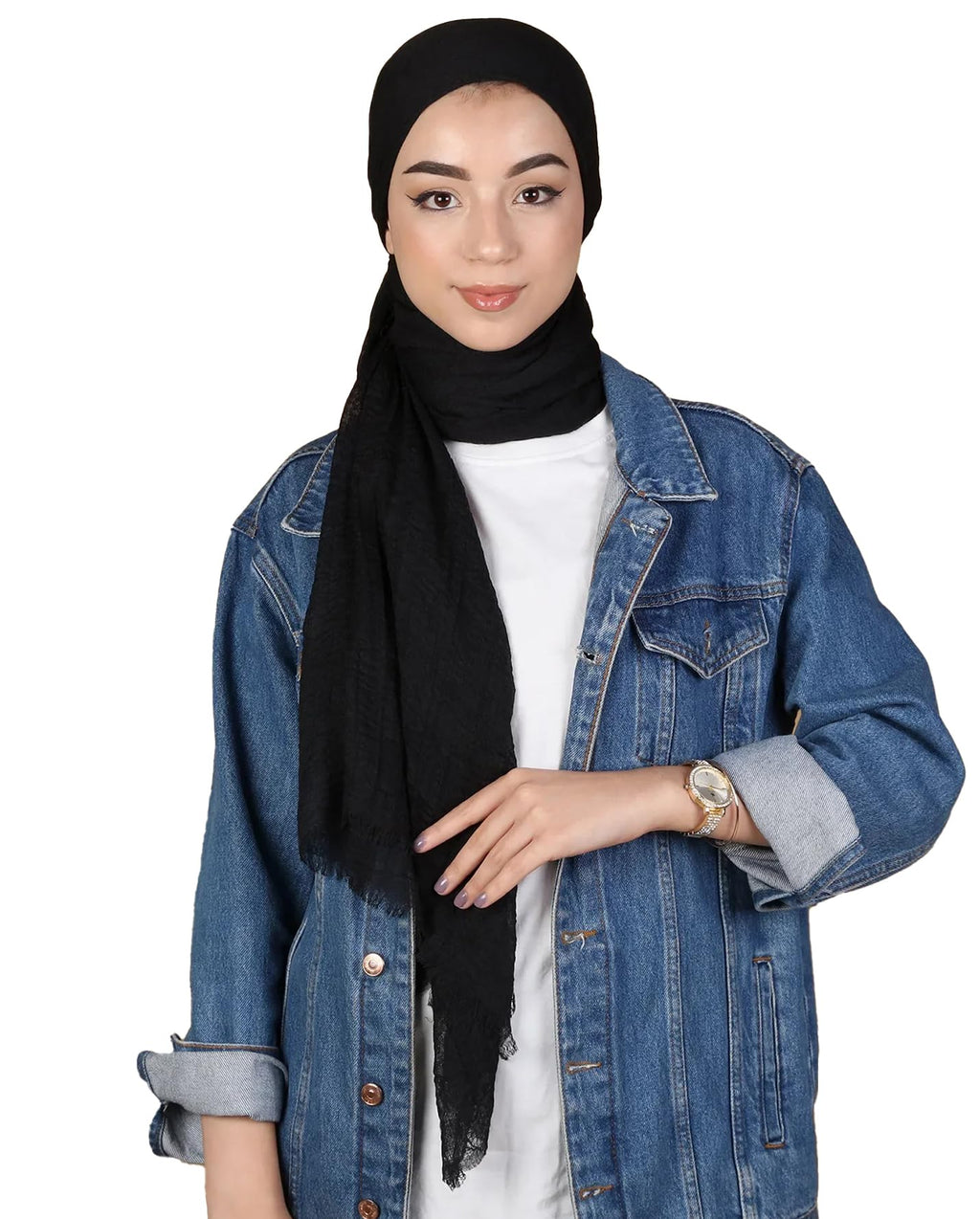 ICW Women's UV Protection Premium Light Weight Wrinkle Ironless Crinkle Cotton Hemp Summer Scarf Stoles Shawl head scarves for girls (black)