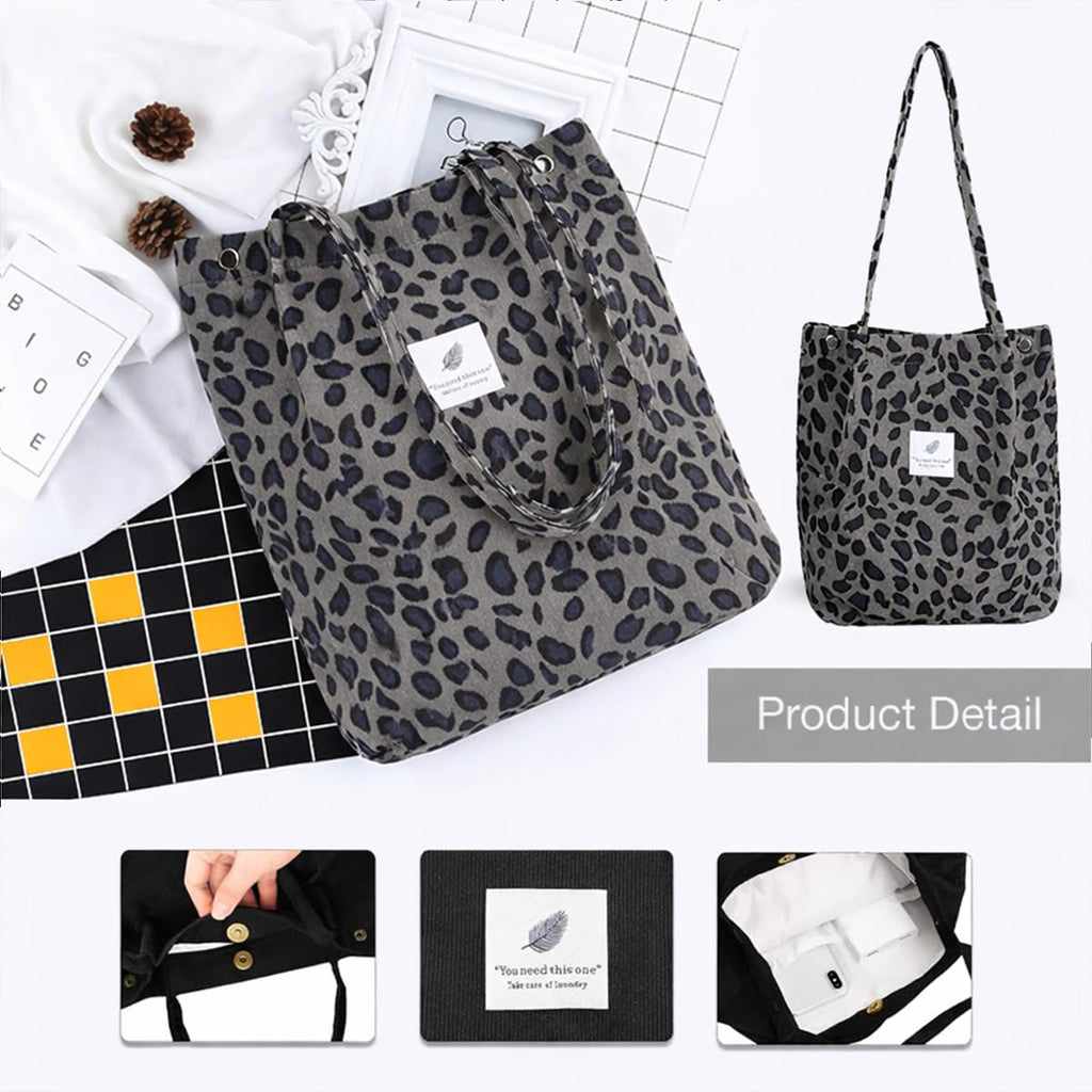 Lyrovo Women Corduroy Shoulder Tote Bag for Work Beach Travel and Shopping Grocery (Leopard)