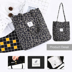 Lyrovo Women Corduroy Shoulder Tote Bag for Work Beach Travel and Shopping Grocery (Leopard)