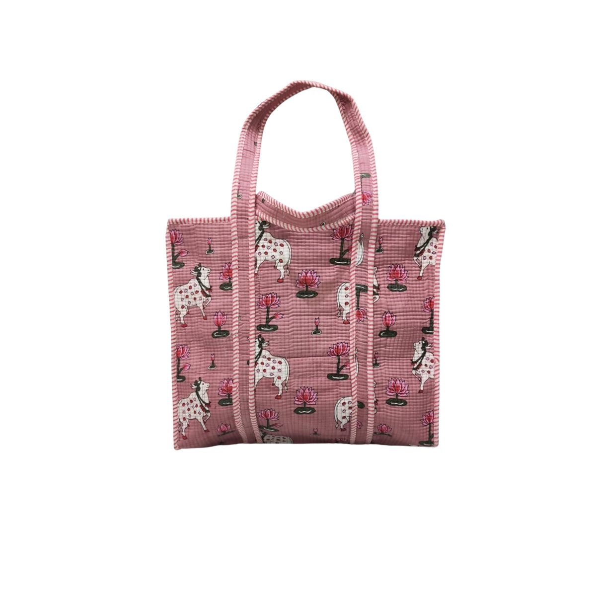 NAYASHI Big Size Printed Cotton Tote Bag | Pichwai Inspired Quilted Shoulder Bag with Inner Pocket & Heavy Metal Zipper | Reusable Shopping, Travel & Daily Use | Cool Pink | 18 x 18 Inches