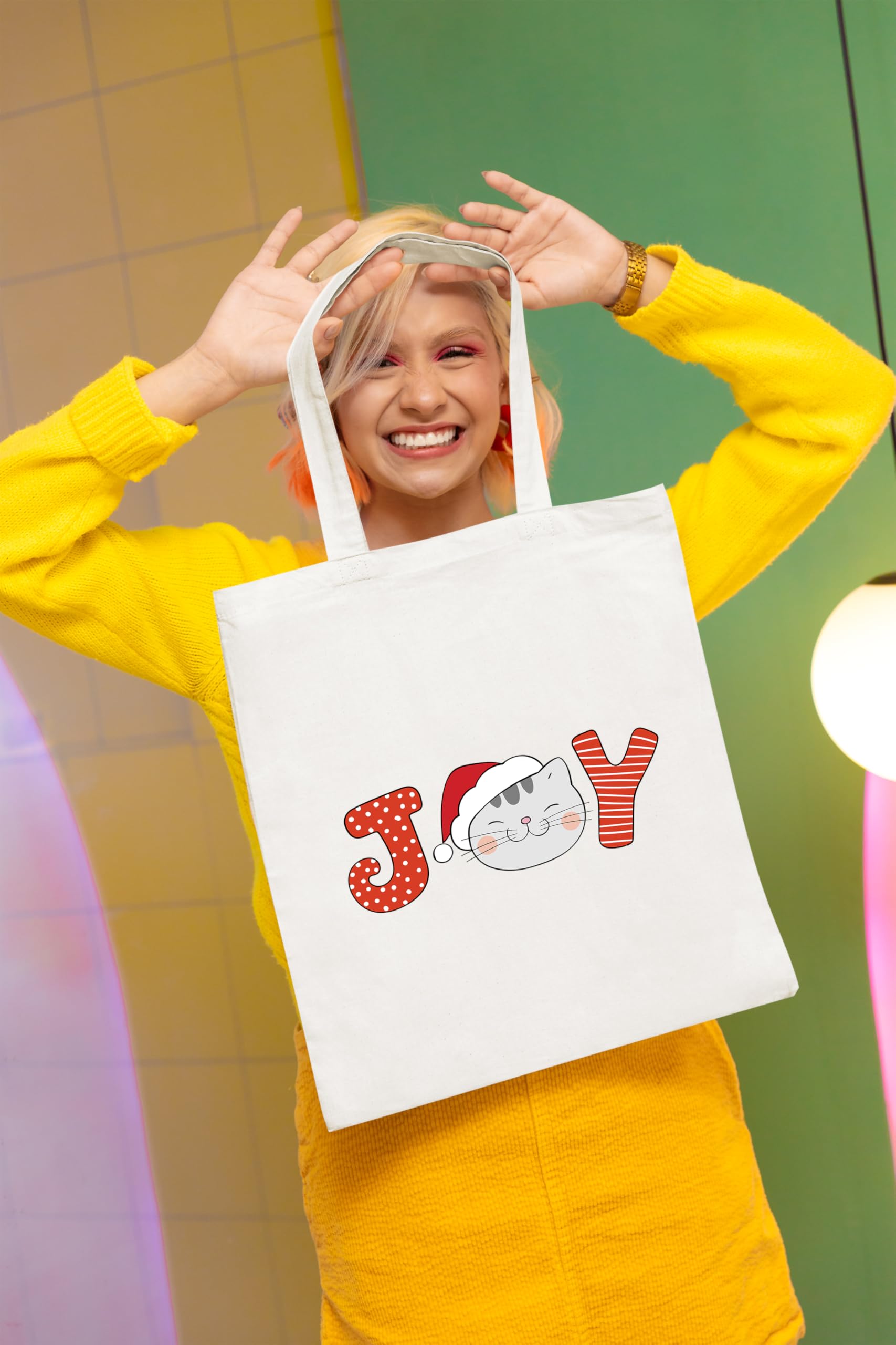 Happu-White Cotton Canvas Tote Bag with Zip | Happy Christmas Festive Print | Reusable, Washable & Eco-Friendly Multi-Purpose Tote for Women & Girls HPK-3437